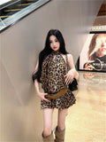 Sexy Leopard-Tried Back Hollow Strapped With Hanging Neck Dress Summer New Waistless Belt Flower Tard Skirt