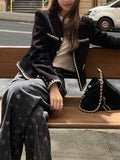 Jennie The Same Hand Nail Lace Collar / Strip Velvet Chain Coat Autumn Coat Black
