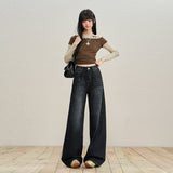 Blue-Gray Broad-Legged Trousers Women Autumn And Winter Jeans Women Retro High Waist Regular Denim With Tag