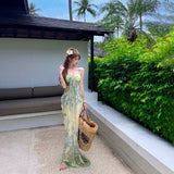 Seaside Vacation Pure Green Crumb Print Sling Bosom Long Dress Beautiful Island Out Of The Beach Dress Woman