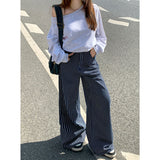 Vintage Deep Blue Striped Broad-Legged Jeans Loose Casual Straight Tug Trousers & Lengthy Vintage