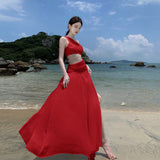 French Red Sloping Sleeveless Dress Women's Summer High-End Seaside Holiday Temperament Lanky Dress