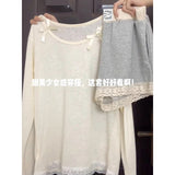 Early Spring Wear A Set Of Female Gentle Wind Bow Lace Spliced Long-Sleeved T-Shirt + Gray Shorts Two Sets