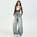 2025 Autumn Retro Star Print Wide-Legged Jeans Women Loose Straight Barrel Thin Design Trousers