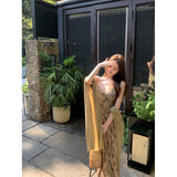 2025 New Green Jersey Ink Green Jiangnan Smoke Rain Shawl Sling Dress To Collect The Waist Thin Temperament Dress