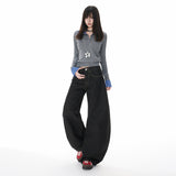 Vintage Wide-Legged Denim Slacks Autumn New Loose-Hanging Scimits Straight Trousers Pure Black