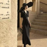 New Women's French Retro Orange Truss Dress Medium Long V To Receive Thin Dress Women's Lace French Elegance