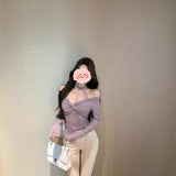 One-Word Shoulder Lace Hanging Neck Long-Sleeved T-Shirt Girl Autumn Kinesi Design Purple Short Bottom Shirt Top