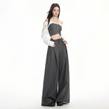 Korean High-End Gray Lace-Tuited Casual Pants Women 2026 New Autumn Drag Broad-Legged Straight Trousers