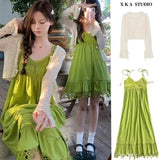 Avocado Green Knitted Hollow Thai Soleni Dress Woman Summer Seaside Holiday Summer Dopamine Skirt