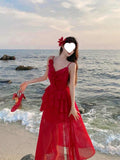 French Beautiful Irregular Lotus Leaf Side Red Sling Dress Female Summer Seaside Atmosphere Temperament Dress