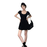 Gray U-Neck Short-Sleeved Dress Woman Summer Small Folded Waist A Skirt Babes Super Short Skirt Folding Skirt