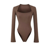 Grey Street Long-Sleeved T-Shirt Girl Spring And Autumn Slimming Square Collar Shoulder Knitting Hottie Bottom Top