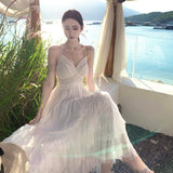 New French-Style White Moon Lace Spliced Back Summer Seaside Seaside Sling Dress