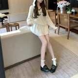 Confession Balloon College Soft-Skinny Knitted Knitted Set Cream Blouse Lanky Skirt Lanky