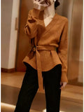 Korean Wearing Gray V-Neck Long-Sleeved Knitted Shirt Women's Autumn And Winter Loose Lazy Waist Sweater Inside The Bottom Top