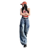 Mali Mary & Vintage | Slash Split Design | Broad-Legged Cowboy Work Pants Female Vinyl Trousers