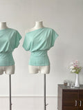 Pure Wind Fish Bone Split Design Waist Top Summer New Korean Slanted Shoulder Slim Thin Short-Sleeved T-Shirt Girl
