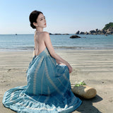 2025 Light Blue Holiday Wind And Back Hanging Neck Dress Bohimi Yay Heavy Industry Embroidered Long Dress Woman
