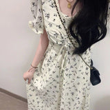 French Gentle Floral Dress Women's Summer High-Waisted Thin Bubble Sleeve Chic A-Character Skirt Super Fairy Temperament Dress