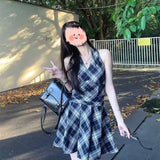 Black And White Lattice V-Neck Hanging Neck With Dress Women's Spring And Summer 2025 New Waist-Skinny A-Word Skirt