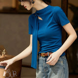 High-Grade Blue Hollow Ribbon With Short-Sleeved T-Shirt 2026 Summer New Light Luxury Ocean Color Thin Age Blouse