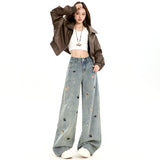Vintage Fun Puppy Broad-Legged Jeans Women Loose Thin Straight Trousers