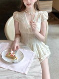 Kyoto Tea Room V-Neck Cereise Lace Embroidery Spliced Short-Sleeved Bow Blouse Dress Suit Summer Girl