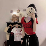 5089 # People Cotton Pure Want To Fake Two Shoulders Short-Sleeved T-Shirts 2025 Summer Slim Sweet Waist Top
