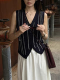 Blue Striped Knitted Horse Jacket Vest Women's Summer Wear 2025 New Temperament V Collar Old Money Blouse