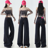 Small Retro Bumpy Broad-Legged Jeans Women Low-Rise Loose Thin Hot Girl Straight Tug Trousers