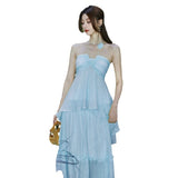 Design High-Grade Tea Break French Chic Beauty Small Fragrant Wind Seaside Holiday Nile Blue Hanging Neck Dress