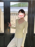 Vintage V-Neck Long-Sleeved T-Shirt 24 Autumn New Elastic Slimmed Shoulder Milk Yellow Blouse In Tide