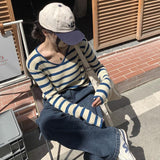 V-Neck Striped Knitted Jersey Women's Gas With Summer 2025 Early Autumn New Bottom Shirt Design Feeling Long-Sleeved Top