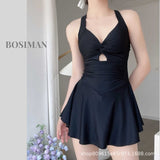 Milk Yellow Kinky Dress-Style Swimsuit Women V Collar Hollow Meat Cover Thin Hot Springs Swimsuit