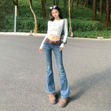 YC&Retro Low-Rise Elastic Repair Slim Thin With Micro-Horn Jeans Women & Trousers Lengthened Low-Waisted Rich Span