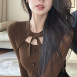 Vintage Gray Bow Tie With Knitted Bottom Shirt Female Design Feeling Autumn And Winter Hottie Hollow Long Sleeve Top