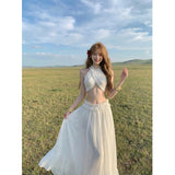 White Hanging Neck Waist Skirt Suit Female Summer Seaside Holiday Fairy Long Half Skirt Two-Piece