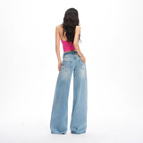 26 Years Of Spring And Summer New Light Green Retro Washing Mid-Rise Tug Loose Hole Denim Drag Jeans Woman