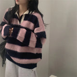 South Korea Chic Autumn And Winter New Lazy Wind Hit The Striped Polo Collar Cover Plush Knitted Sweater 4 Colors