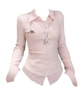 Autumn Waist-Skinny Top Coat Large-Size Fat Sister Korean College Wind Fake Two Spliced Long-Sleeved Shirt Woman