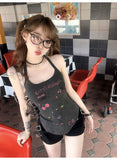 1075# Human Cotton Babes Letter Print Sling Vest Dopamine Outer Design Slim Slim Short Top