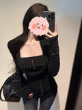 Vintage Hottie Deep V-Necked Long-Sleeved T-Shirt Girl Spring Black Rivet Stud Tops Folded Two-Piece Set