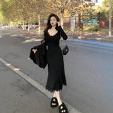 Sexy V-Neck Lace Spliced Long-Sleeved Dress Women In Autumn With Big Coats Small Man Toss Long Dress