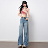 Blue High-Rise Elastic Straight Jeans Women 2026 Spring New Non-Legged Slim Texture Wide Leg Pants