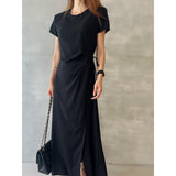 South Korea's New Summer French Elegance Simple Design Feel Side Strap Open Waist Short-Sleeved Dress