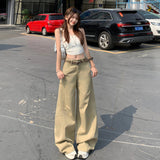 2026 Vintage Jeans Women's Design Sense Of Splicing Rice White Loose Broad-Legged Straight Trousers