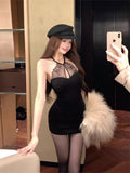 Yujie Style Pure Lust Lace Splicing Bra Hanging Neck Dress Summer New Small Babes Bottomed Her Hip Dress