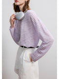 2025 Early Autumn New Purple Hollow Hooded Striped Knitted Sweater Tops Sunscreen Thin Woman