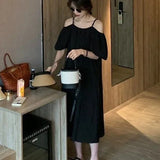 French Slings A Word Shoulder Green Dress Women 2025 Summer New Loose Shoulder-Sensitive Dress